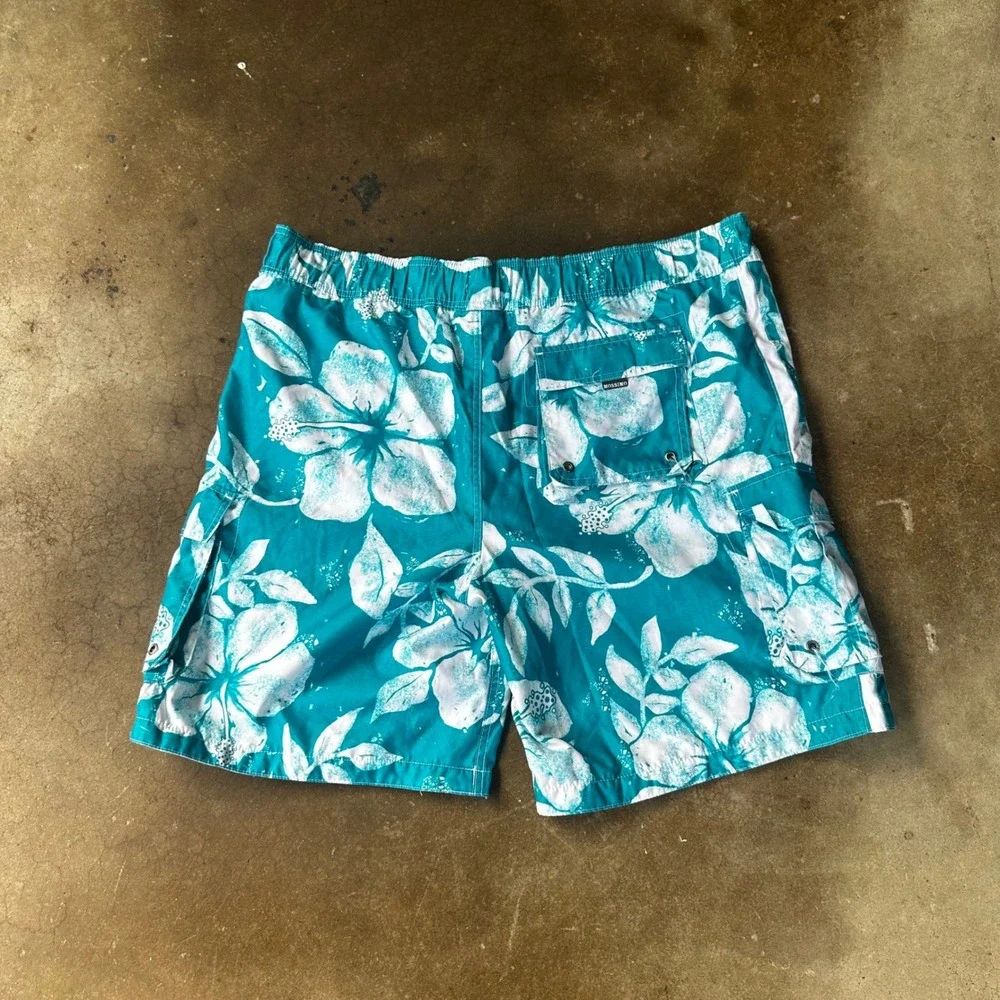 Mossimo Board Shorts Mens XL Teal Beach Floral Hibiscus Cargo Swim Trunks